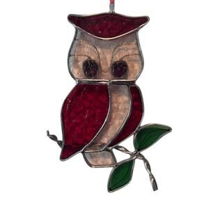 Vintage Owl Stained Glass Sun Catchers Red Silver Green 8"x5" Home Decor